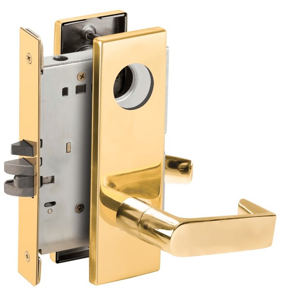 Schlage Grade 1 Storeroom Mortise Lock, Less Cylinder, 06 Lever, N Escutcheon, Bright Brass Finish L9080L 06N 605 - main